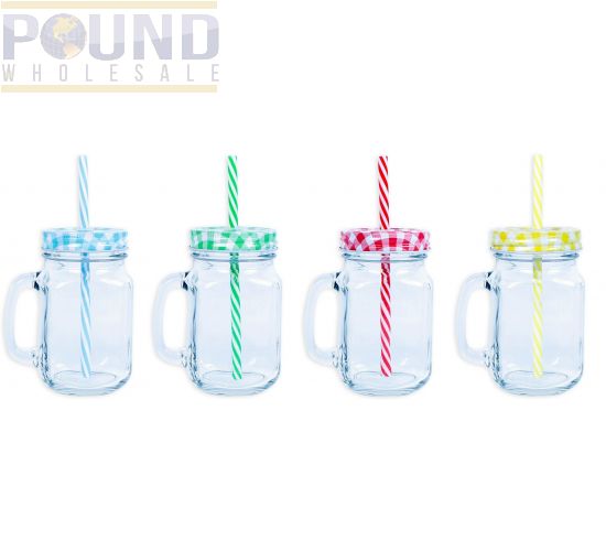 >Wholesale Mason Jar With Lid Straw 450ml 4 Assorted Colours Pound Wholesale