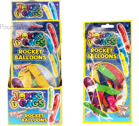 JOKES GAGS ASSORTED COLOURS ROCKET BALLOONS 12 PACK CDU