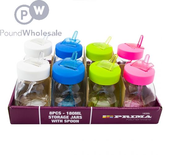 PRIMA 180ML STORAGE JARS WITH SPOON ASSORTED 8PC