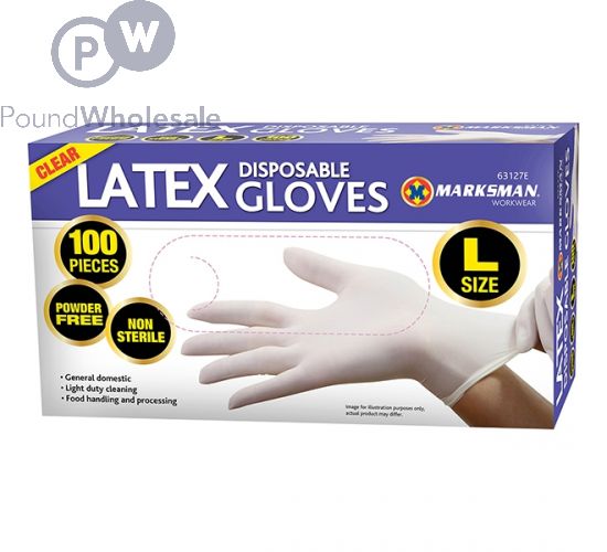 MARKSMAN CLEAR LATEX DISPOSABLE GLOVES LARGE 100PC