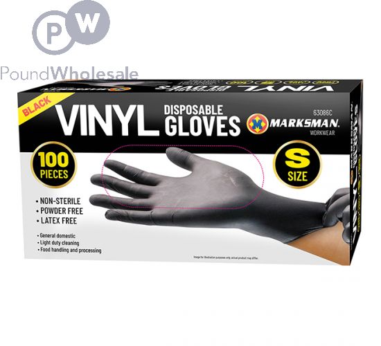 MARKSMAN BLACK VINYL DISPOSABLE GLOVES SMALL 100PC