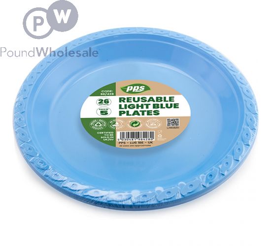 Light Blue Plastic Reusable Plates 26cm 5 Pack