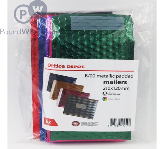 B/00 METALLIC PADDED MAILERS 210MM X 120MM ASSORTED COLOURS 6PK