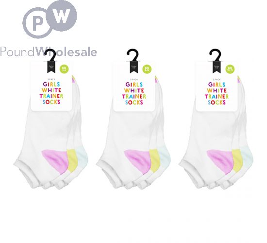 FARLEY MILL ASSORTED COLOUR SIZE 9 12 GIRLS WHITE TRAINER SOCKS 3 PACK