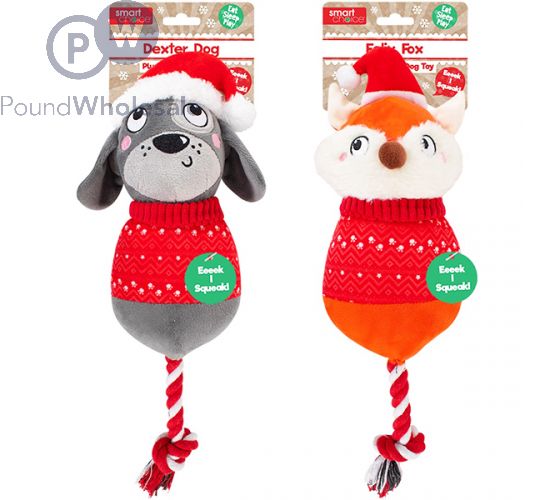 Smart Choice Christmas Squeaky Plush Rope Dog Fox Dog Toy Assorted