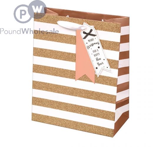 GIFTMAKER 'MERRY CHRISTMAS' ROSE GOLD STRIPE GIFT BAG LARGE