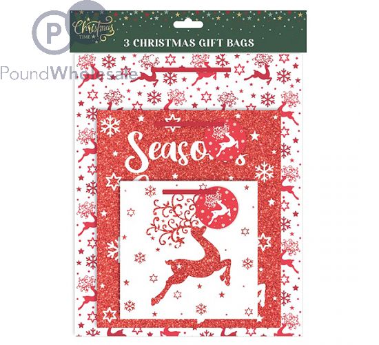 CHRISTMAS ASSORTED RED GLITTER GIFT BAGS 3 PACK