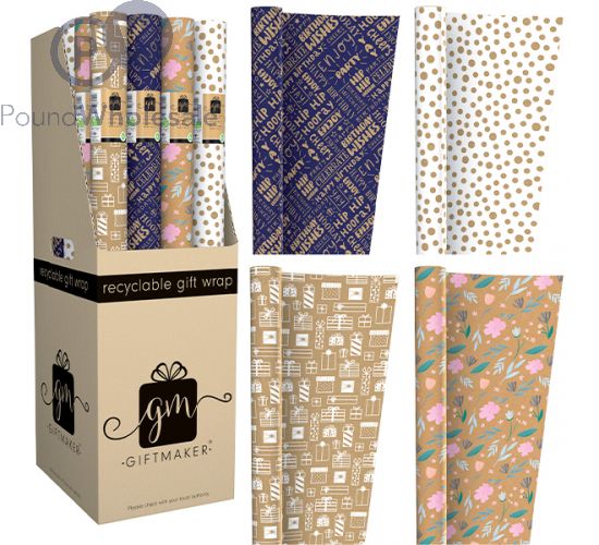 GIFTMAKER FASHION KRAFT RECYCLABLE GIFT WRAP 2M CDU ASSORTED