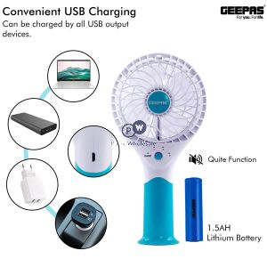 Geepas Blue 3-speed Rechargeable Handheld Electric Fan