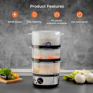 Geepas 400w Stainless Steel 3-tier Electric Food Steamer 7.2l