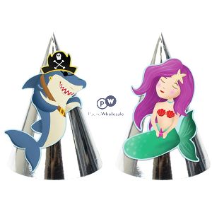 Jaunty 6" Ocean Adventure Shark & Mermaid Metallic Silver Party Hats 4 Pack Assorted