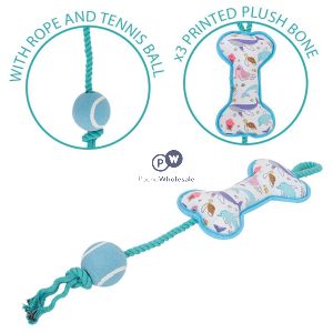 Smart Choice Squeaky Plush Bone Ball & Rope Dog Toy 55cm Assorted