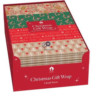 Festive Wonderland Assorted Kraft Paper Christmas Gift Wrap Sheets 50cm X 70cm 8 Pack Cdu