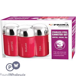 Prima Stainless Steel Red Coffee, Sugar & Tea Dome Canister Set 3pc