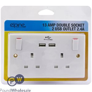 Elpine 13Amp Double Socket 2 Usb Outlet 2.4A