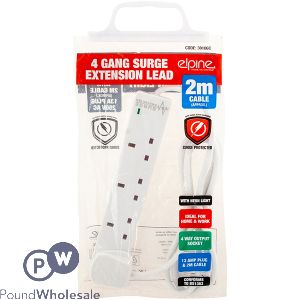 Elpine 4 Gang 13A Neon Light Surge Protected Extension Cable 2m