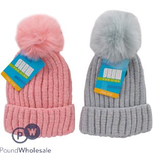Girls Chenille Faux Fur Pom Pom Winter Hat Assorted Colours
