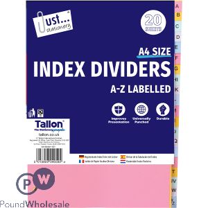Just Stationery A4 Assorted Colour A-Z Index Dividers 20 Pack