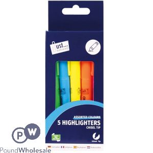 Just Stationery Assorted Bright Chisel Tip Highlighter Pens 5 Pack