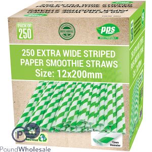 Green & White Striped Biodegradable Extra Wide Paper Smoothie Straws 1cm X 20cm 250 Pack