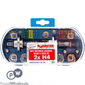 Roadster 2x H4 Universal Assorted Car Bulbs & Fuses Kit 30pc