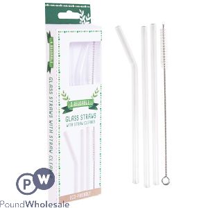 Reusable Glass Straws 3 Pack & Straw Cleaner Brush