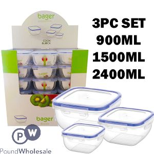 Bager Click & Lock Square Food Storage Container 3pc Cdu