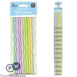 So Useful Assorted Colour Reusable Plastic Straws 20 Pack Clip Strip