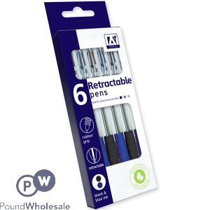 6 Black & Blue Retractable Pens Set
