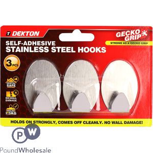Dekton Gecko Grip Self-Adhesive Stainless Steel Hook Set 3pc
