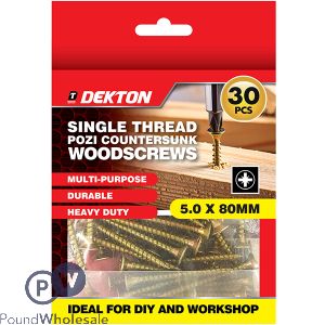 Dekton Single Thread Pozi Countersunk Wood Screws 5.0 X 80mm 30 Pack