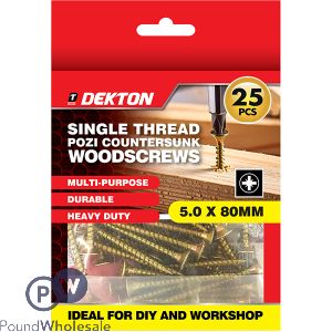 Dekton Single Thread Pozi Countersunk Wood Screws 5.0 X 80mm 25 Pack