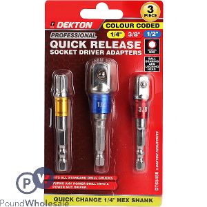 Dekton Colour-Coded 1/4" Hex Shank Quick Release Socket Driver Adapters 3 Pack