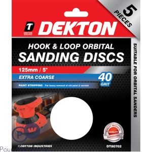 Dekton 125mm Hook & Loop Orbital 40 Grit Sanding Discs 5 Pack