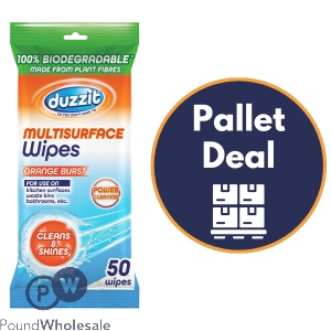 Duzzit Orange Burst Biodegradable Multi-Surface Wipes 50 Pack Pallet Deal