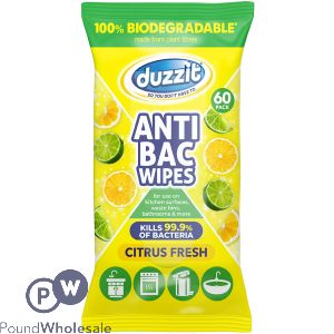 Duzzit Biodegradable Citrus Fresh Anti-Bac Wipes 60 Pack