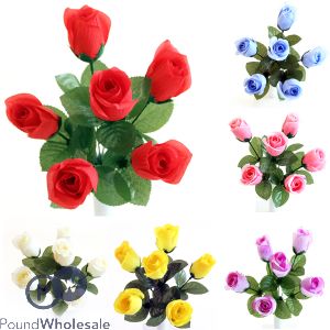 Rose Bud Bush Artificial Flower Stems 6pc Assorted Colours