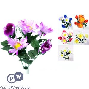 Gerbera & Rose Bud Bush Artificial Flowers Assorted Colours