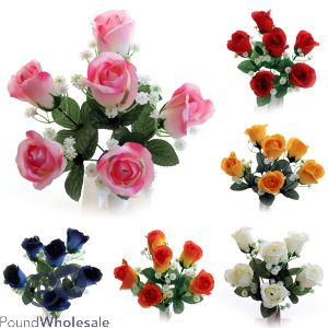 Rose Bud Bush & Gypsophila Artificial Flowers Assorted Colours