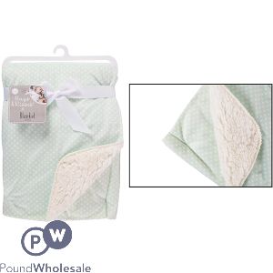 Hugs & Kisses Mink Sherpa Pale Green Spot Baby Blanket 75cm X 100cm