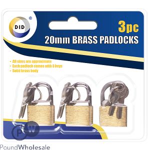 DID 20mm Brass Padlocks With Keys 3pc