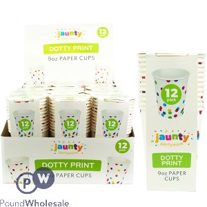 Jaunty Coloured Dotty Print Paper Cups 9oz 12 Pack CDU