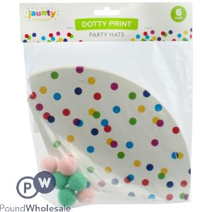 Jaunty 6" Dotty Print Party Hats with Pom Pom 6pc