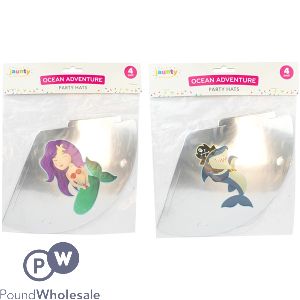 Jaunty 6" Ocean Adventure Shark & Mermaid Metallic Silver Party Hats 4 Pack Assorted