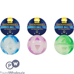 Smart Choice Glow In The Dark Rubber Ball Dog Toy 8cm Assorted Colours