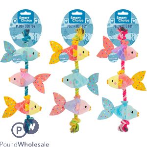 Smart Choice Squeaky Plush Fish On Rope Tug & Pull Dog Toy 39cm Assorted Colours