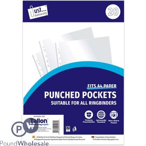 Just Stationery Universal Clear Punched Pockets 20 Pack