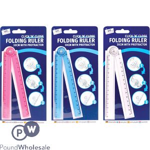 Just Stationery Click 'n' Close Folding Ruler & Protractor 30cm Assorted Colours