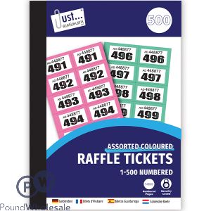 Just Stationery Assorted Colour Numbered Raffle Tickets 1-500