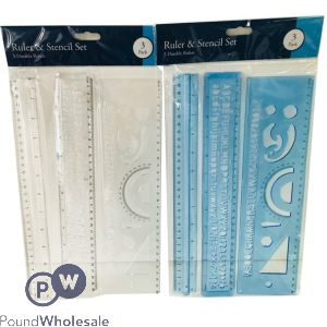 Ruler & Stencil Set Assorted Colours 3 Pack